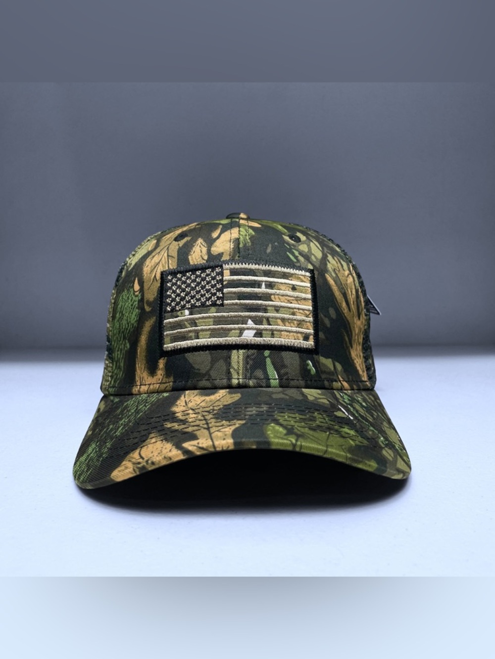 Camouflage USA Flag Embroidered Snapback Mesh Cap, Tree & Leaf Pattern